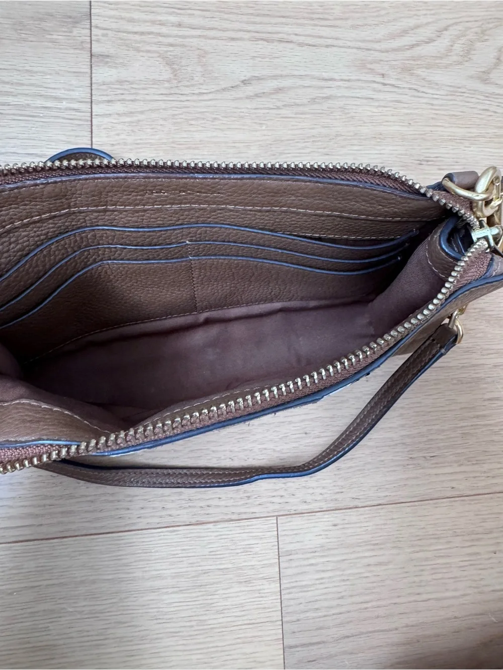 Tory Burch Carson Brown Leather Crossbody with White and Black Stripe